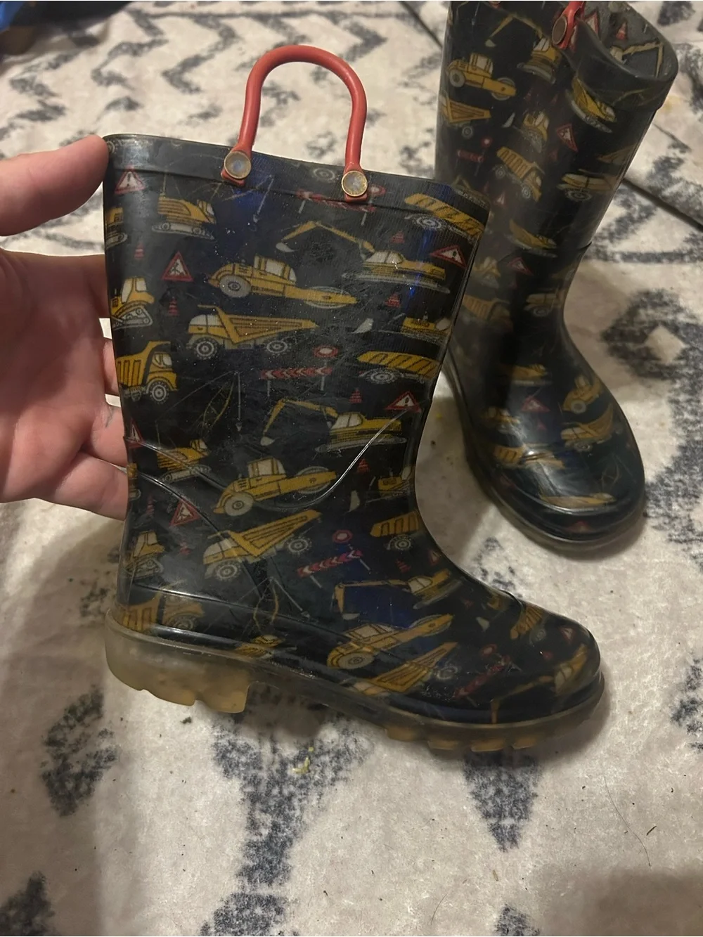 Kids Waterproof Rain Boots in Black with Yellow Car Print